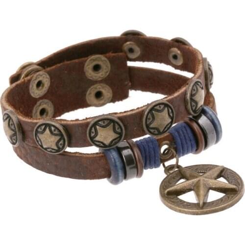 Fashion Star Vintage Retro Cuff Bracelet Multilayer Leather Wristbands Beads Charm for Unisex Wrap Bangle Rock Punk Jewelry Gift