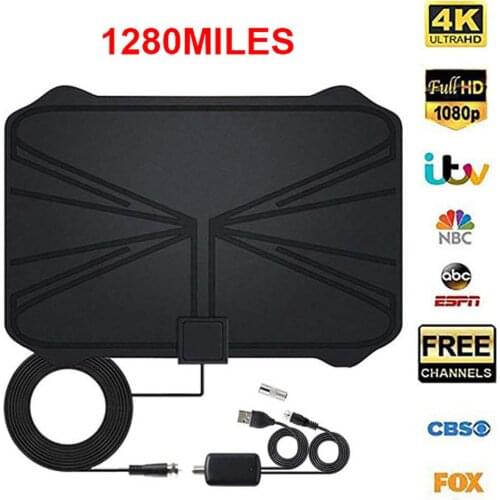 New Indoor 4K Digital HDTV Aerial 1280 Miles 28db High Gain Black Ultra-thin HD TV Antenna Amplifier for Local Channel Broadcast
