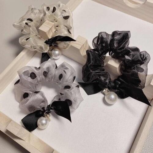 High-end Yarn Pearl Hair Ties Hair Accessories New Black Silk Nylon Bow Pearl Elastic Hair Bands Ponytail Holders Wholesale