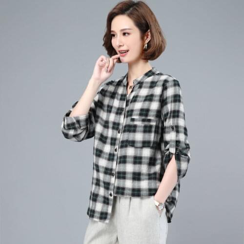 Spring Summer Women Fashion Stand-Up Collar Long Office Style Sleeve Shirt Ladies Casual Loose Tops Pocket Stripe MM0369
