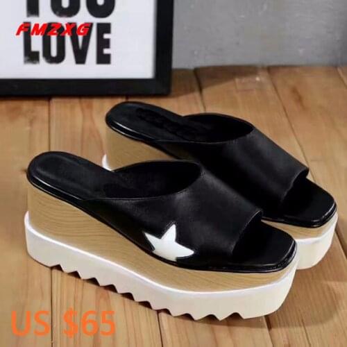 FMZXG Women Wedges Genuine Leather Slippers Shoes Platform Spring/Autumn Fashion Flats Mujer Woman Shoe 2018 Spring Beach Shoes