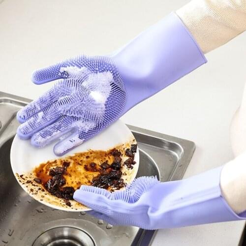 Magic Silicone Dishwashing Scrubber Dish Washing Sponge Rubber Scrub Gloves Kitchen Cleaning 1 Pair