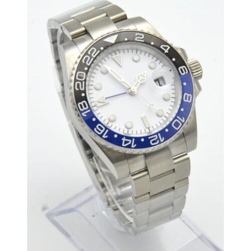 40MM White Dial Luminous Clock Mens GMT Automatic Mechanical Watch Steel Case Oyster Strap
