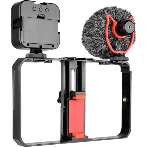 Phone Video Rig+Mic+Fill Light Kit Handheld Phone Stabilizer Stand Cage for iPhone12 Huawei Samsung Video Vlog
