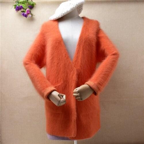 Female women autumn winter thick warm mink cashmere knitwear inside deep v-neck loose cardigans angora fur jacket coat sweater