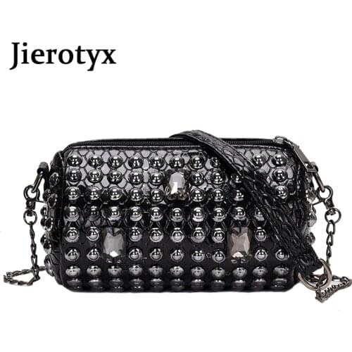 JIEROTYX Punk Style Women Bag with Rivet Women Messenger Bags with Chain Shoulder Bag Barrel-Shaped Female Cross Body Purse