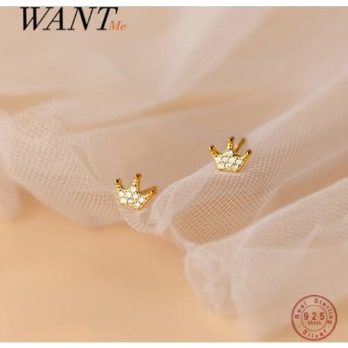 WANTME 925 Sterling Silver Cute Shiny Zircon Crown Mini Small Stud Earrings for Women Fashion Princess Gold Wedding Jewelry Gift
