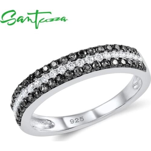 SANTUZZA Silver Rings For Women Pure 925 Sterling Silver Black Spinel White Cubic Zirconia Simple кольца Trendy Fine Jewelry