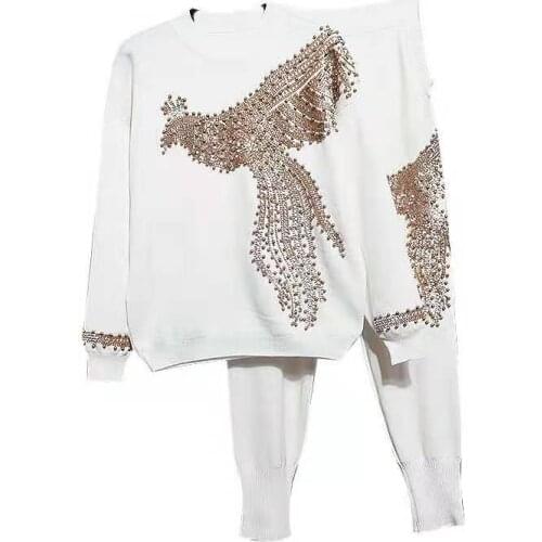 Autumn Phoenix Beading Knitted Women Suit New Fashion Long Sleeve Sweater+Harem Pants 2 Piece Set Ladies Clothing Winter2021