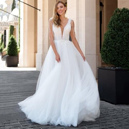 Sexy Deep V-Neck Tassel Backless Appliques Lace Simple A-Line Tulle Wedding Dress 2021 Vestido De Noiva Bridal Gown