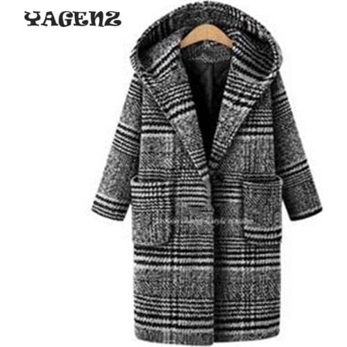 2019 New Plaid Tweed Winter Coat Women Hooded Casual Thick Long Coats Plus Size Ladies One Button Vintage Woolen Outerwear B67