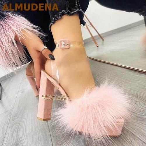 ALMUDENA Pink Fur Women Sandals Suede Chunky Heel Clear PVC Dress Shoes Square Buckle Strap Runway Party Shoes Size46 Dropship
