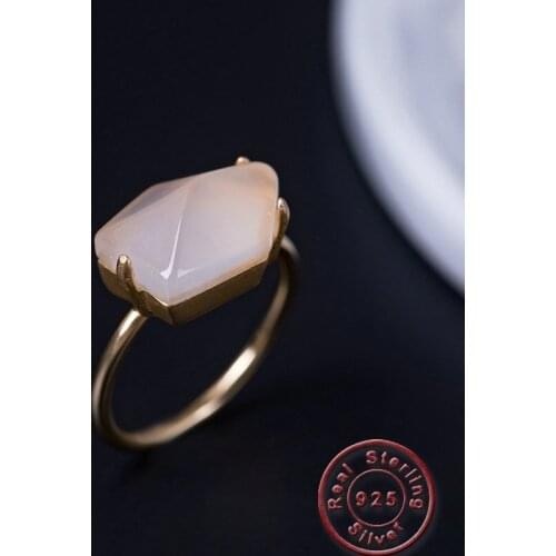 Amxiu Natural Chalcedony Adjustable Open Ring 925 Sterling Silver Rings for Lovers Girls Wedding Jewelry Womens Birthday Gift