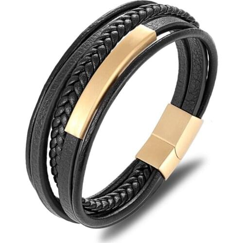 Genuine Leather Bracelet For Men Hand Charm Jewelry Multilayer Magnet Handmade Gift For Cool Boys