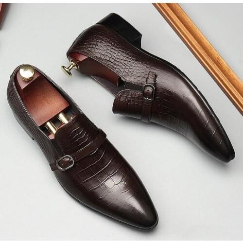 British Style Gents Pointed Toe Formal Shoes Men Dress Shoes Fashion Buckle Straps Wedding Shoes Men Slip On Leather Shoes