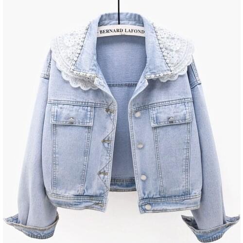 Spring Autumn Harajuku Beaded Short Denim Jackets For Women 2021 New Korean Fashion All-Match Long Sleeve Jeans Coat Tops Female