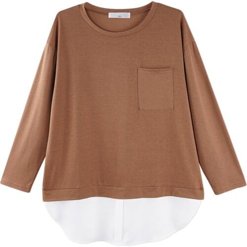 Neatie kiddie Spring Autumn Long Sleeve Fake Two Pieces Long Sleeve T-shirt Tops Pocket Front Patchwork Tshirt Female Clothes