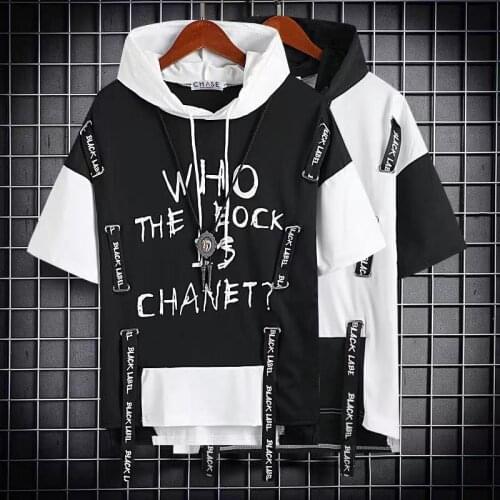 Japanese Style Oversized Harajuku Patchwork Hoodies Men Letters Printed Short Sleeve Hip Hop Hoodie Summer Black Hoody For Men