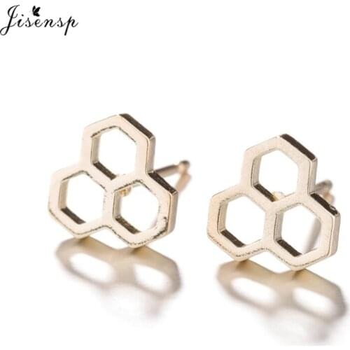 Jisensp Cute Stainless Steel Hexagon Stud Earrings for Women Honeybee Jewelry Geometric Honeycomb Earrings Binrcos Aros