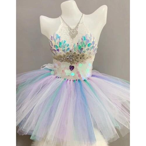 Colorful Sequins Rhinestones Halter Tops Mermaid Tutu Skirt 2 Pieces Rave Party Sexy Women Set Nightclub Bar Performance Costume