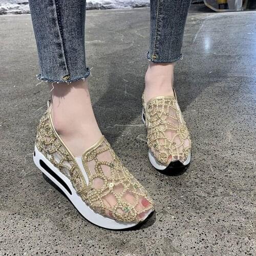 Mesh Platform Shoes Women Wedge Loafers Gold Silver Women Casual Shoes Walking Summer Sneakers Zapatillas Mujer