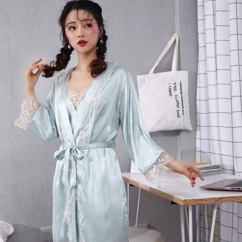 Summer Ice Silk Sexy Nightdress Womens Sling Nightgown Bathrobe Morning Gown Silk Home Wear Robes 2Pcs Set Sleepwear Nightwear