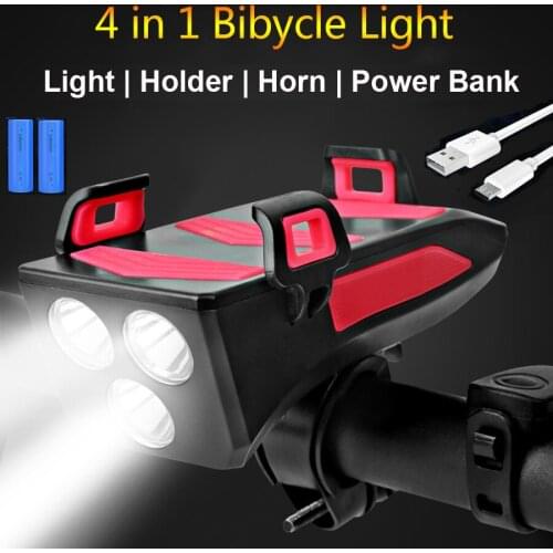 Multi-function 4 in 1 bicycle light 3*T6 lamp beads bicycle headlight with horn mobile phone holder power bank with USB battery