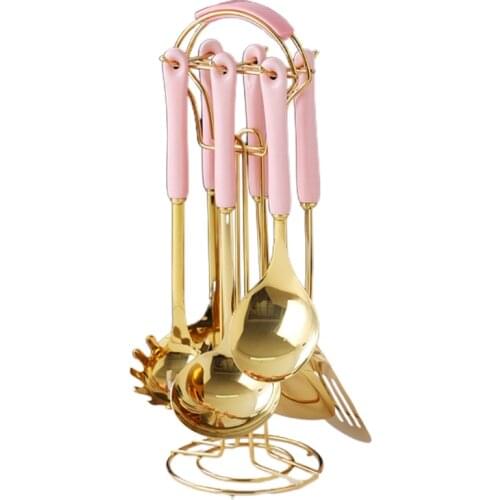 Nordic 7Pcs Kitchen Utensil Set Stainless Steel Cooking Spoon Spatula Shovel with Ceramic Handle Carousel Holder Tools