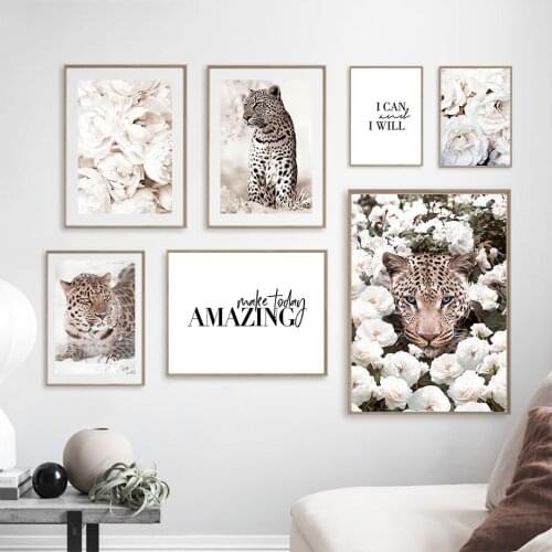 Wall Art Canvas Painting White Bloom Peony Hidden Leopard Nordic Posters And Prints Wall Pictures For Living Room Decoration