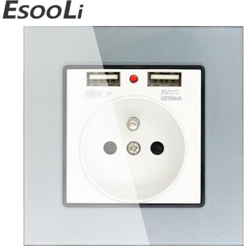 Esooli 16A French Standard High Quality Wall Power Socket With USB Glass Panel Outlet 2.1A Dual USB Charger Port for Mobile