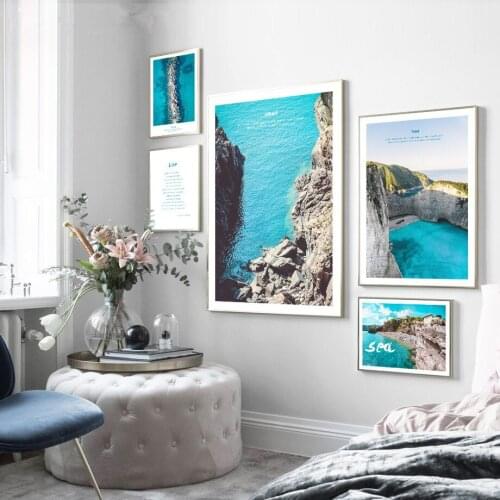 Nordic Posters And Prints Blue Sea Beach Wall Art CanvasSpray Painting Poster Wall Pictures For Living Bedroom Unframed