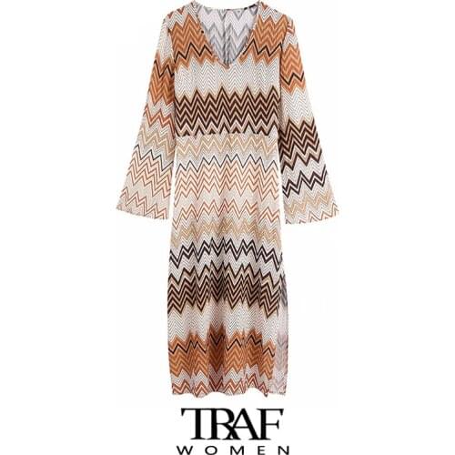 TRAF Za Women Fashion Geometric Print Side Slit Midi Dress Vintage V Neck Long Sleeve Female Dresses Vestidos Mujer
