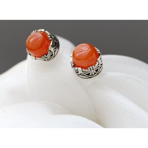Authentic 925 Sterling Silver Lady Retro Style Charm Earstuds Inlaid Natural South Red Agate Earring Trendy Creativ Jewelry Gift