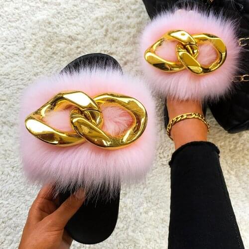 Furry Slides For Women Fluffy Flip Flops Gold Chain Faux Fur Slippers Female Plush Indoor Slippers Sandals Casual Summer Shoes