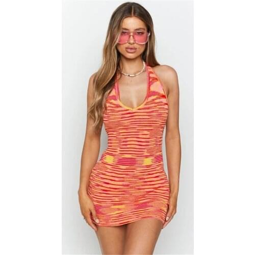 European And American V-Neck Sexy Sleeveless Drawstring Halter Sling Bag Hip Repair Knitted Dress Women