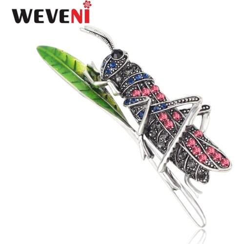 WEVENI Rhinestone Alloy Leaf Grasshopper Brooches Clothes Scarf Jewelry Pin For Women Girls Decoration Novelty Insect Accessory
