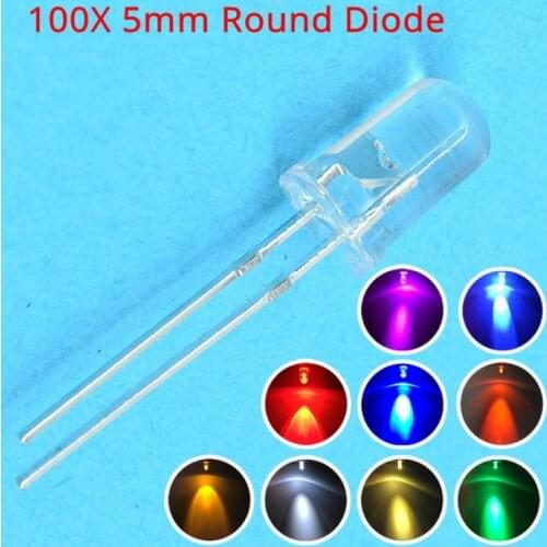 100pcs 5mm Transparent White Red Green Blue Pink Round Top Bright Emitting Diode Led 20000mcd 6000-6500k Light