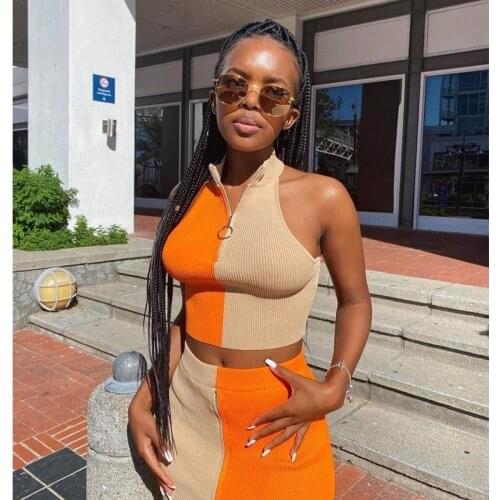 Women Fashion 2-piece Outfit Set Sleeveless Zipper Patchwork Tops+Skirt Set for Ladies