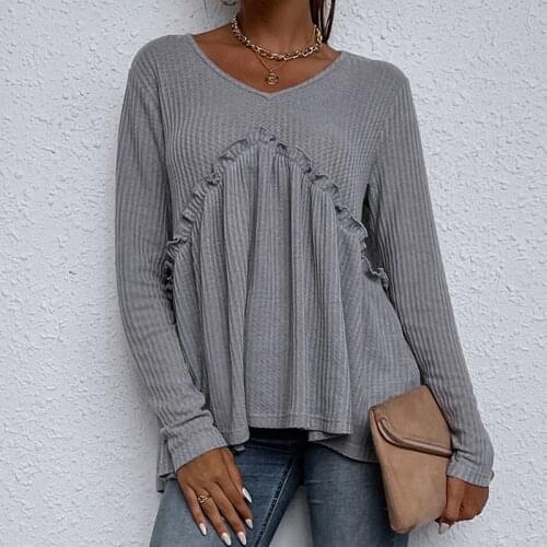 CARDE HOMES Autumn 2021 Long Sleeves V-Neck Solid Pullover Womens T-shirt Fashion Casual Patchwork Irregular Soild Grey Tops