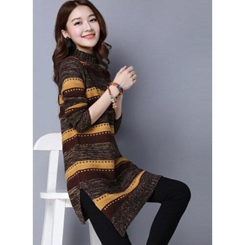 Autumn Winter Womens Thick Sweater The Long Section Loose Bottoming Shirt Striped Half-high Collar Pullover Sweater Women