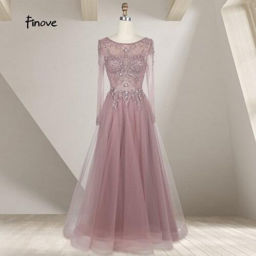 Finove 2021 Muslim Pink Luxury Evening Dresses Long Sleeves Ball Gowns For Women Party Night