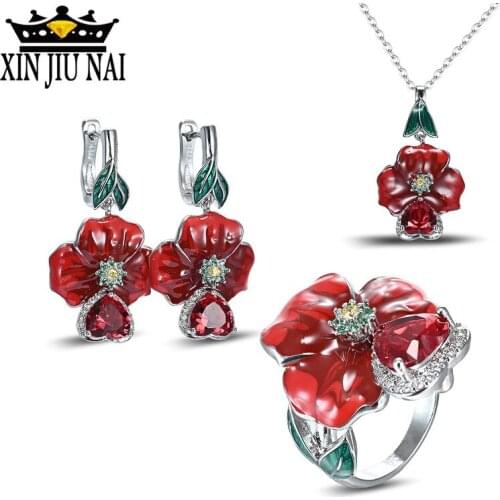 2020 new arrival enamel rose womens exquisite jewelry set personality Retro Luxurious Hot sales Fashion Ruby Delicate