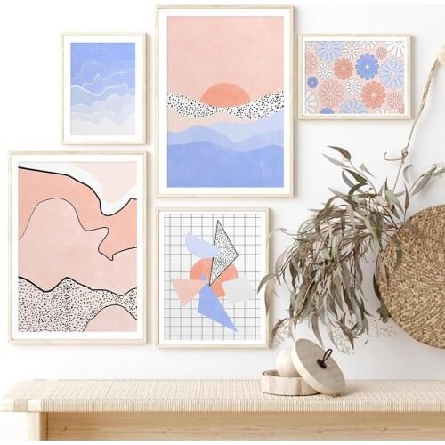 Blue Peachy Flower Abstract Wall Art Canvas Painting Nordic Posters And Prints Wall Pictures For Living Room Danish Pastel Decor