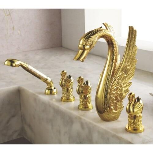 Free shipping widespread Big Swan tub Faucet mixer tap gold clour 5 pieces bathtub shower faucet deck mounted