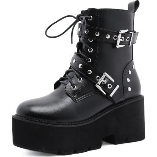 35-43 Sexy Rivet Autumn Boots Women Platform Boots Black Leather Gothic Punk Style Combat Boots For Women Mid Heels Comfortable
