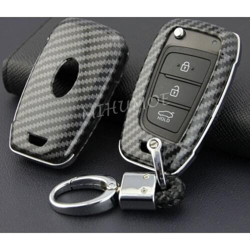 Carbon Fiber Flip Car Key Cover Case Fob Chain Shell For Hyundai Santa Fe Veloster Accent Accessories