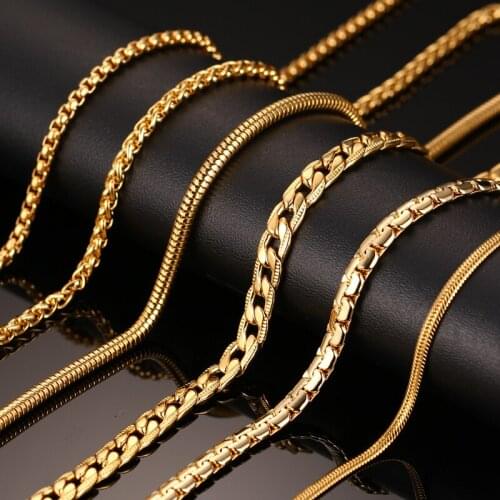 Keisha Lena 24inch Gold-color Chain Necklace Long Stainless Steel Metal Snake/Cable/Round Box Chain