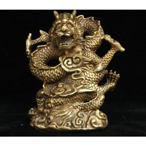 Chinese Folk Feng shui Bronze Brass Carved myth Lucky Zodiac Year Dragon Statue