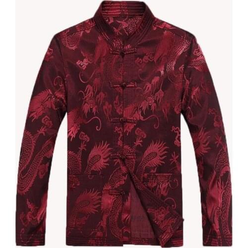 Spring autumn middle-aged Chinese tunic suit mens printing dragon jacket men blazer man coats mens Tang suit stand collar red