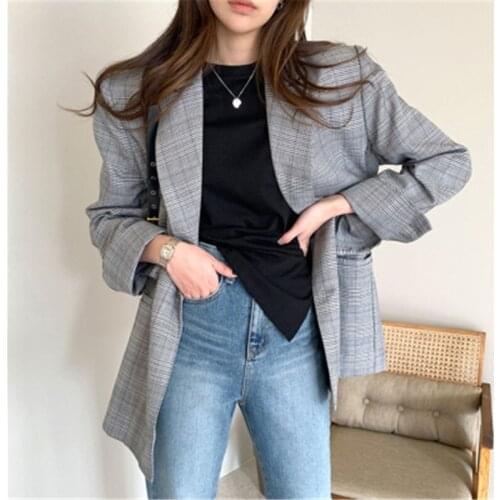 Handsome Women Suits Coat Casual Loose Retro Temperament Plaid Double-breasted Unisex Long-sleeved Blazers Female Plus Size